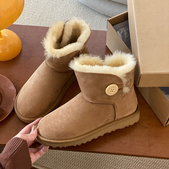 MINI BAILEY BUTTON II BOOT IN CIDER BROWN SUEDE AND SILK COTTON PADDING