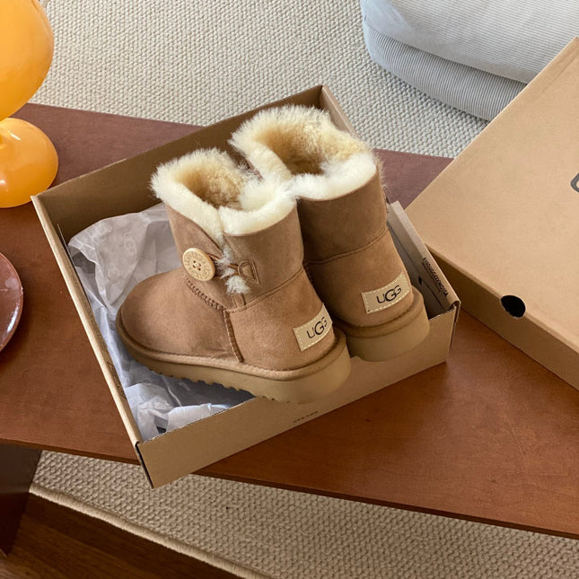MINI BAILEY BUTTON II BOOT IN CIDER BROWN SUEDE AND SILK COTTON PADDING