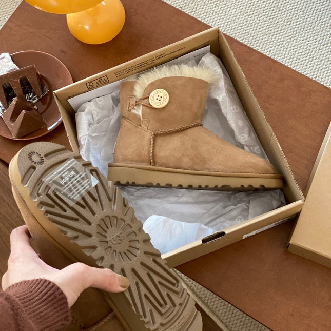 MINI BAILEY BUTTON II BOOT IN CIDER BROWN SUEDE AND SILK COTTON PADDING