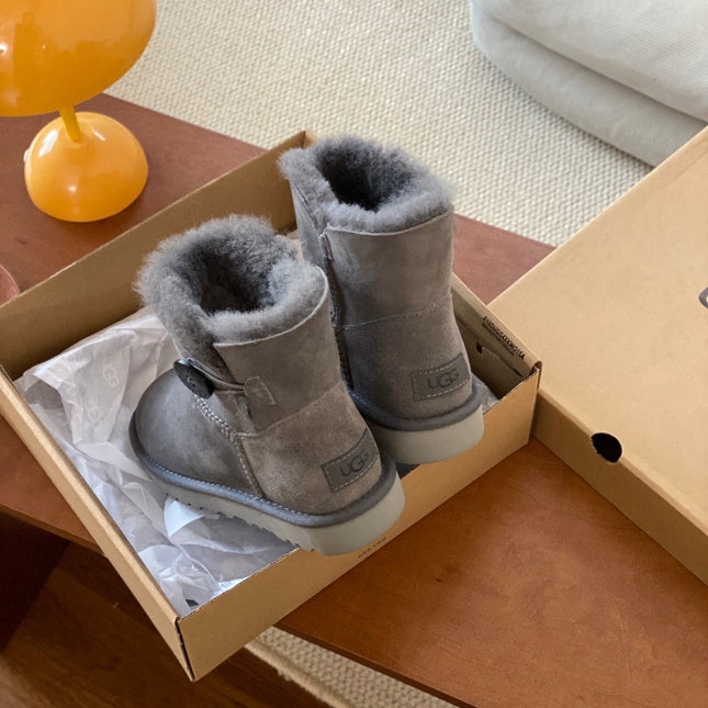 MINI BAILEY BUTTON II BOOT IN SILK GRAY SUEDE AND SILK COTTON PADDING