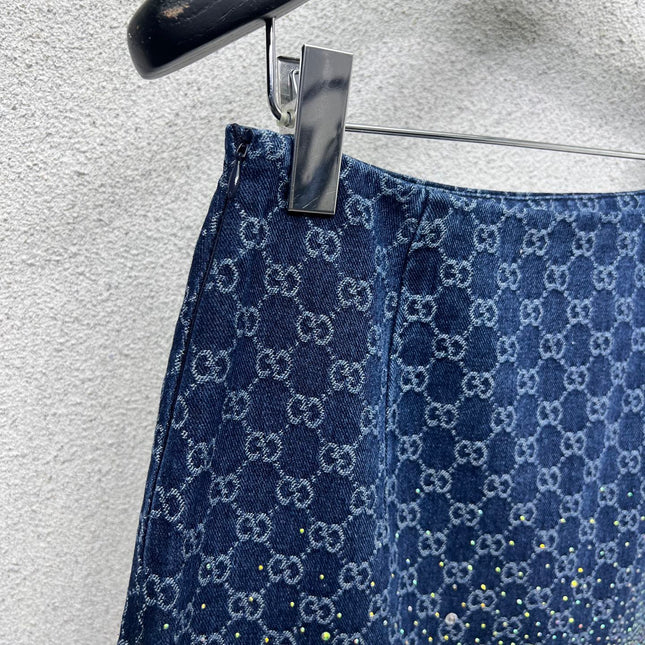 GG Blue Monogram Crystal Embellished Mini Skirt