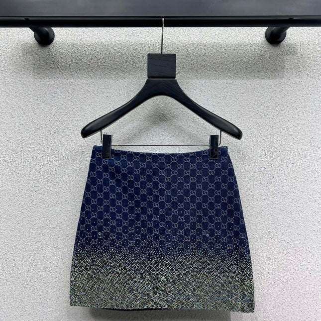 GG Blue Monogram Crystal Embellished Mini Skirt