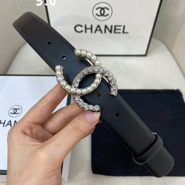 CC BELT 30 MM IN BLACK CALFSKIN WITH SILVER BUCKLE HARDWARE ATTACH PEARL