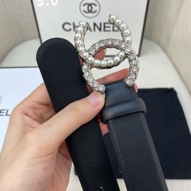 CC BELT 30 MM IN BLACK CALFSKIN WITH SILVER BUCKLE HARDWARE ATTACH PEARL