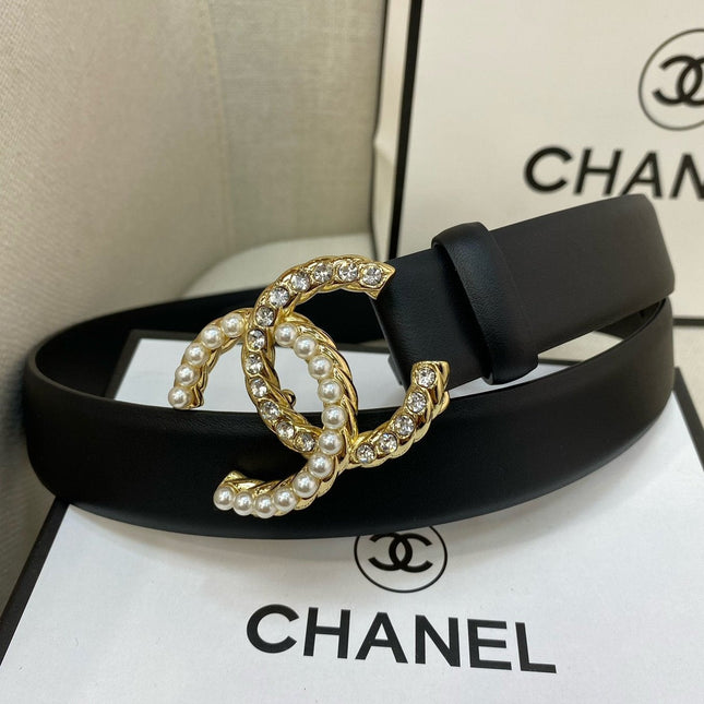 CC BELT 30 MM IN BLACK CALFSKIN WITH GOLD BUCKLE HARDWARE ATTACH PEARL
