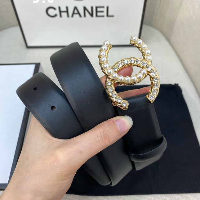 CC BELT 30 MM IN BLACK CALFSKIN WITH GOLD BUCKLE HARDWARE ATTACH PEARL
