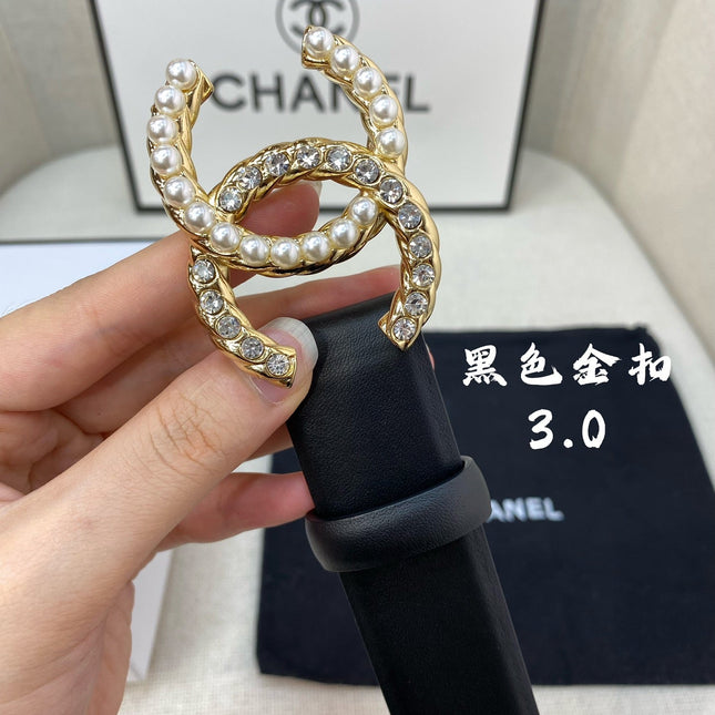 CC BELT 30 MM IN BLACK CALFSKIN WITH GOLD BUCKLE HARDWARE ATTACH PEARL