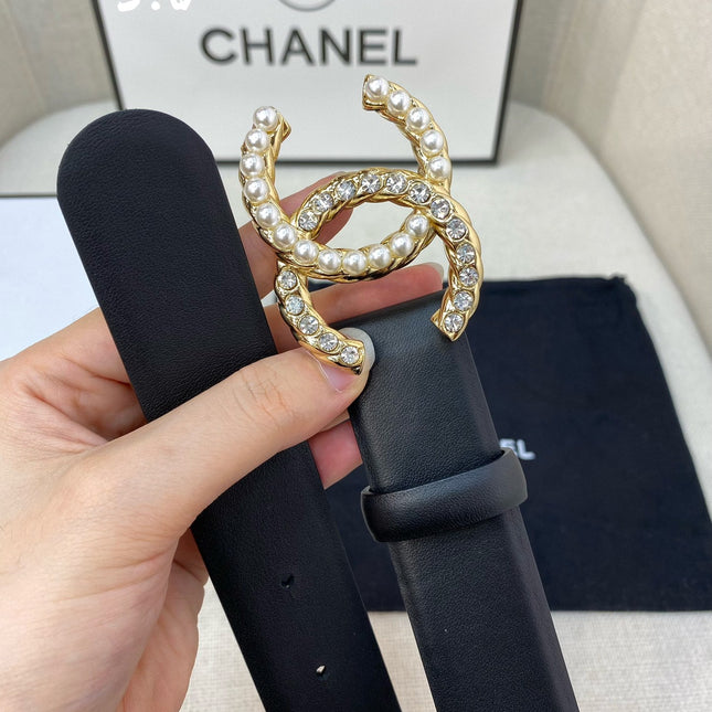 CC BELT 30 MM IN BLACK CALFSKIN WITH GOLD BUCKLE HARDWARE ATTACH PEARL
