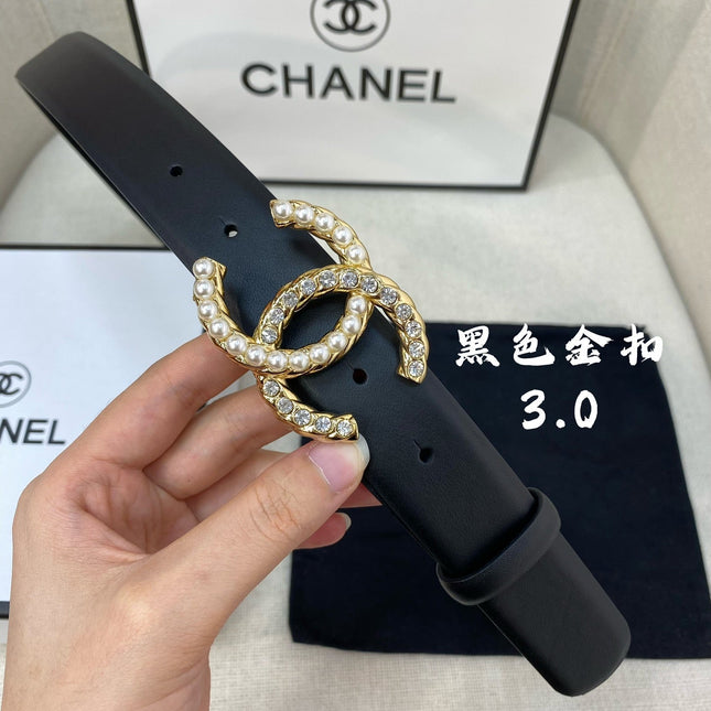 CC BELT 30 MM IN BLACK CALFSKIN WITH GOLD BUCKLE HARDWARE ATTACH PEARL