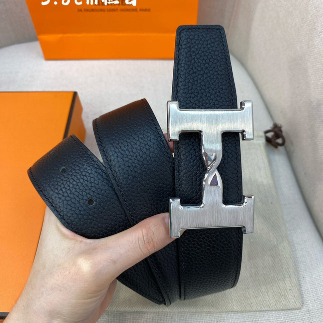 HM H BELT BUCKLE & REVERSIBLE BLACK LEATHER STRAP 38MM SILVER HARDWARE