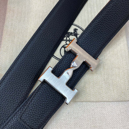 HM H BELT BUCKLE & REVERSIBLE BLACK LEATHER STRAP 38MM SILVER HARDWARE
