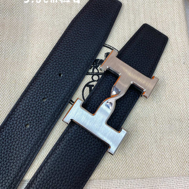 HM H BELT BUCKLE & REVERSIBLE BLACK LEATHER STRAP 38MM SILVER HARDWARE