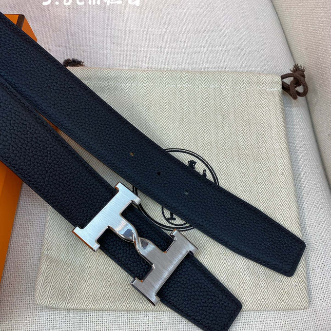 HM H BELT BUCKLE & REVERSIBLE BLACK LEATHER STRAP 38MM SILVER HARDWARE