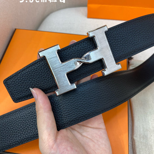 HM H BELT BUCKLE & REVERSIBLE BLACK LEATHER STRAP 38MM SILVER HARDWARE