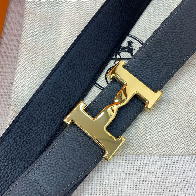 HM H BELT BUCKLE & REVERSIBLE BLACK LEATHER STRAP 38MM GOLD HARDWARE