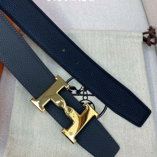 HM H BELT BUCKLE & REVERSIBLE BLACK LEATHER STRAP 38MM GOLD HARDWARE