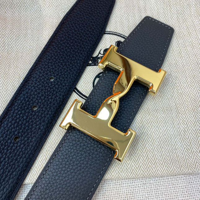 HM H BELT BUCKLE & REVERSIBLE BLACK LEATHER STRAP 38MM GOLD HARDWARE