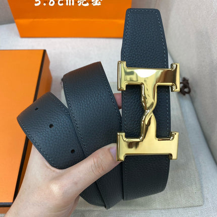 HM H BELT BUCKLE & REVERSIBLE BLACK LEATHER STRAP 38MM GOLD HARDWARE