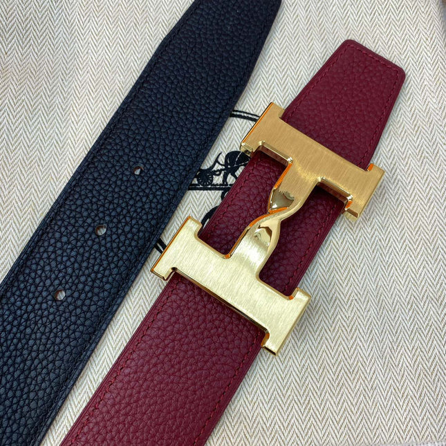HM H BELT BUCKLE & REVERSIBLE WINE RED AND BLACK STRAP 38MM GOLD HARDWARE