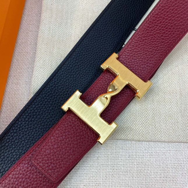 HM H BELT BUCKLE & REVERSIBLE WINE RED AND BLACK STRAP 38MM GOLD HARDWARE