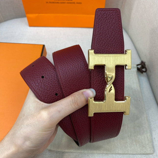 HM H BELT BUCKLE & REVERSIBLE WINE RED AND BLACK STRAP 38MM GOLD HARDWARE