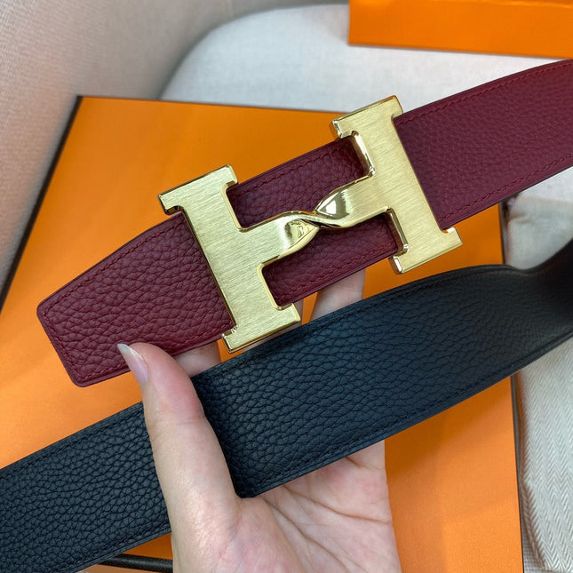 HM H BELT BUCKLE & REVERSIBLE WINE RED AND BLACK STRAP 38MM GOLD HARDWARE