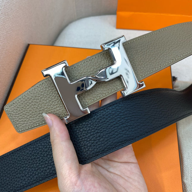 HM H BELT BUCKLE & REVERSIBLE CAMEL BROWN LEATHER STRAP 38MM SILVER HARDWARE