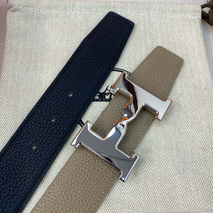 HM H BELT BUCKLE & REVERSIBLE CAMEL BROWN LEATHER STRAP 38MM SILVER HARDWARE