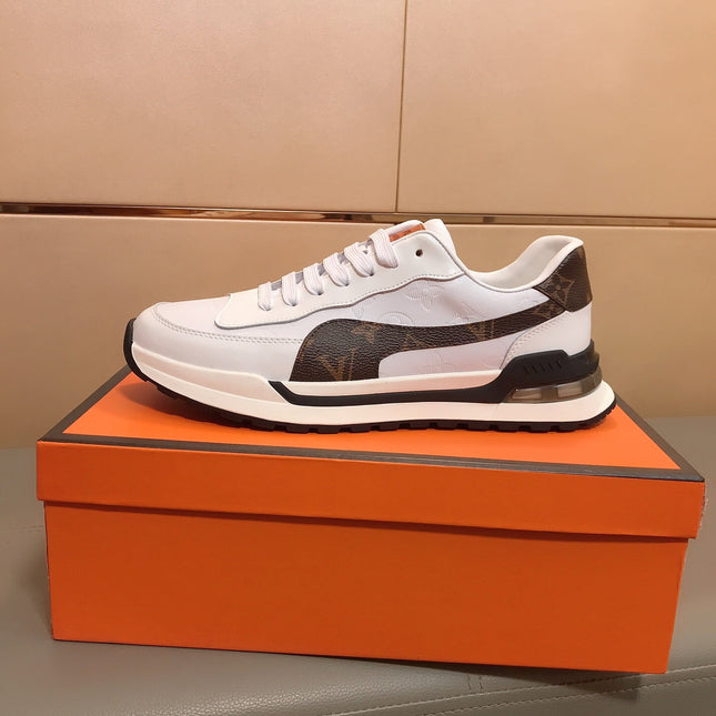 LV SNEAKERS IN GREY MIX BROWN CALFSKIN AND BRANDED PRINTED FABRIC