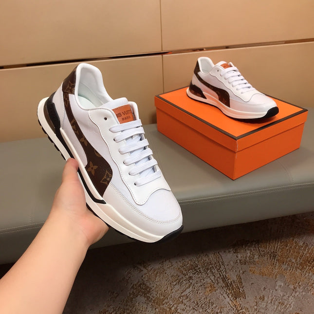 LV SNEAKERS IN GREY MIX BROWN CALFSKIN AND BRANDED PRINTED FABRIC
