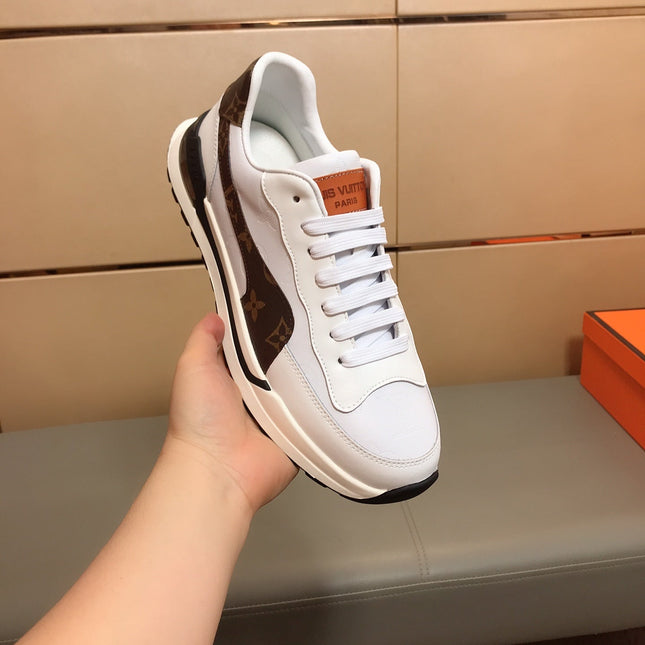 LV SNEAKERS IN GREY MIX BROWN CALFSKIN AND BRANDED PRINTED FABRIC