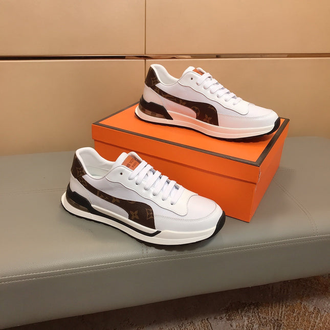 LV SNEAKERS IN GREY MIX BROWN CALFSKIN AND BRANDED PRINTED FABRIC
