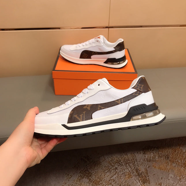 LV SNEAKERS IN GREY MIX BROWN CALFSKIN AND BRANDED PRINTED FABRIC