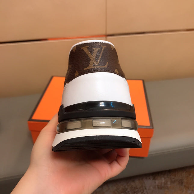 LV SNEAKERS IN GREY MIX BROWN CALFSKIN AND BRANDED PRINTED FABRIC
