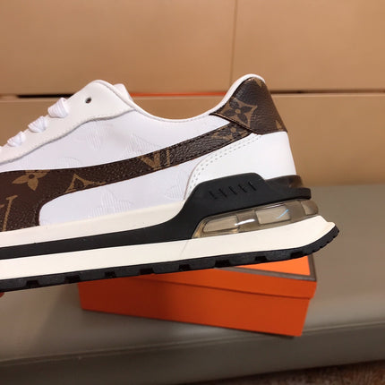 LV SNEAKERS IN GREY MIX BROWN CALFSKIN AND BRANDED PRINTED FABRIC
