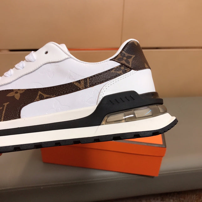 LV SNEAKERS IN GREY MIX BROWN CALFSKIN AND BRANDED PRINTED FABRIC