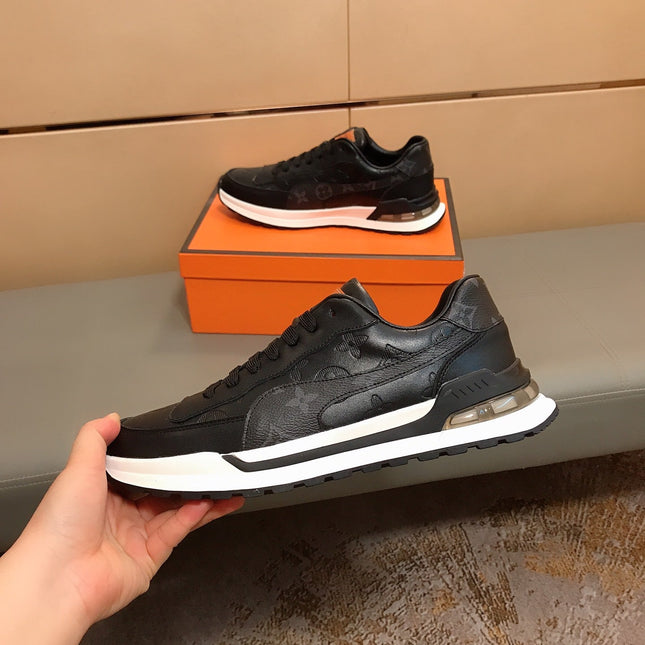 LV SNEAKERS IN BLACK CALFSKIN AND BRANDED PRINTED FABRIC