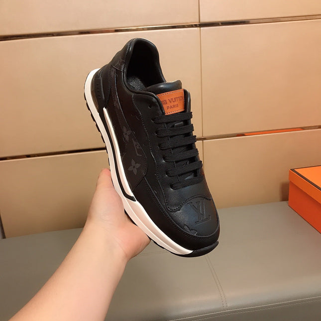 LV SNEAKERS IN BLACK CALFSKIN AND BRANDED PRINTED FABRIC