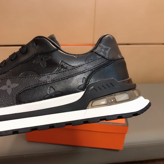 LV SNEAKERS IN BLACK CALFSKIN AND BRANDED PRINTED FABRIC