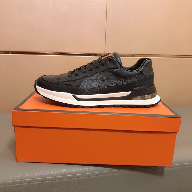 LV SNEAKERS IN BLACK CALFSKIN AND BRANDED PRINTED FABRIC