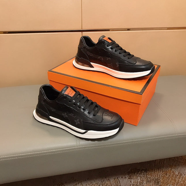 LV SNEAKERS IN BLACK CALFSKIN AND BRANDED PRINTED FABRIC
