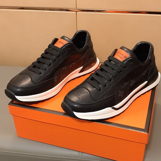 LV SNEAKERS IN BLACK CALFSKIN AND BRANDED PRINTED FABRIC