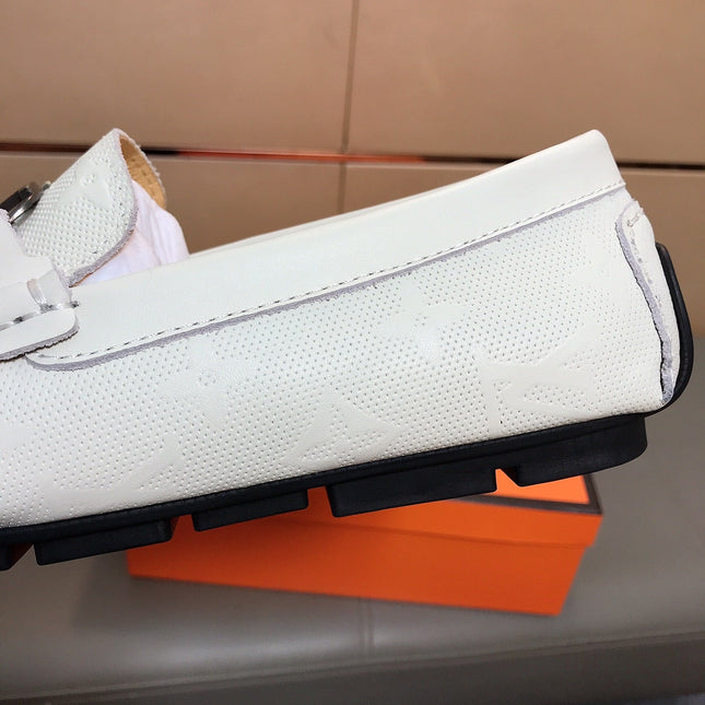 LV LOAFERS IN WHITE CALFSKIN WITH BRANDED EMBOSSING