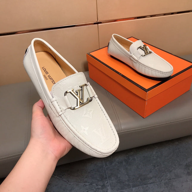 LV LOAFERS IN WHITE CALFSKIN WITH BRANDED EMBOSSING