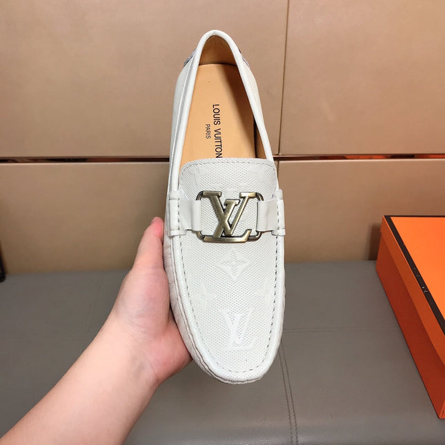 LV LOAFERS IN WHITE CALFSKIN WITH BRANDED EMBOSSING