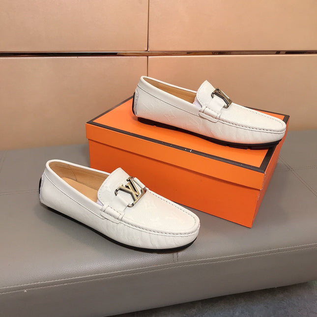 LV LOAFERS IN WHITE CALFSKIN WITH BRANDED EMBOSSING