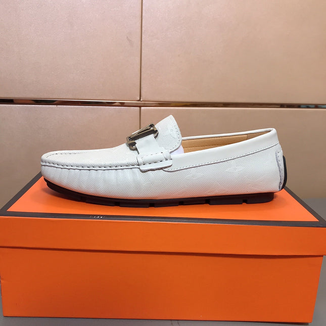 LV LOAFERS IN WHITE CALFSKIN WITH BRANDED EMBOSSING