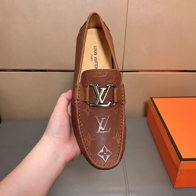 LV LOAFERS IN RUSSET BROWN CALFSKIN WITH BRANDED EMBOSSING