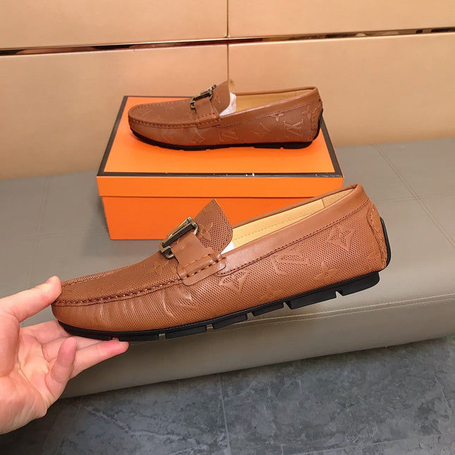 LV LOAFERS IN RUSSET BROWN CALFSKIN WITH BRANDED EMBOSSING