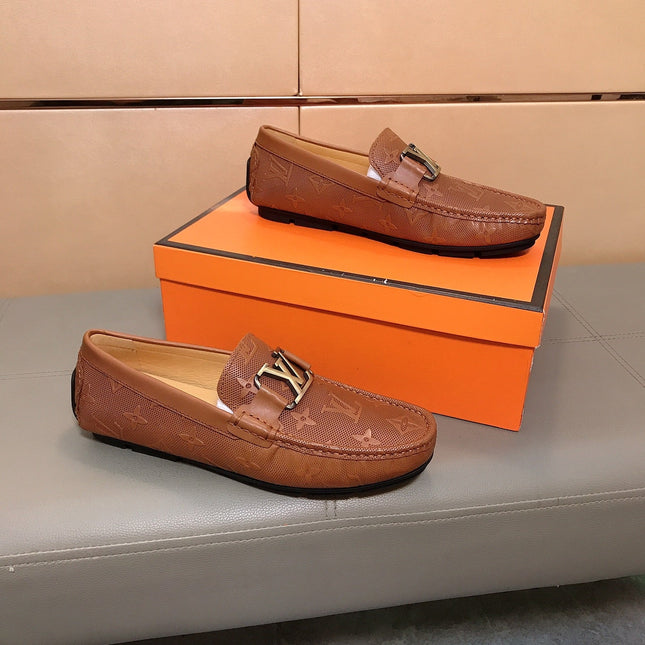 LV LOAFERS IN RUSSET BROWN CALFSKIN WITH BRANDED EMBOSSING